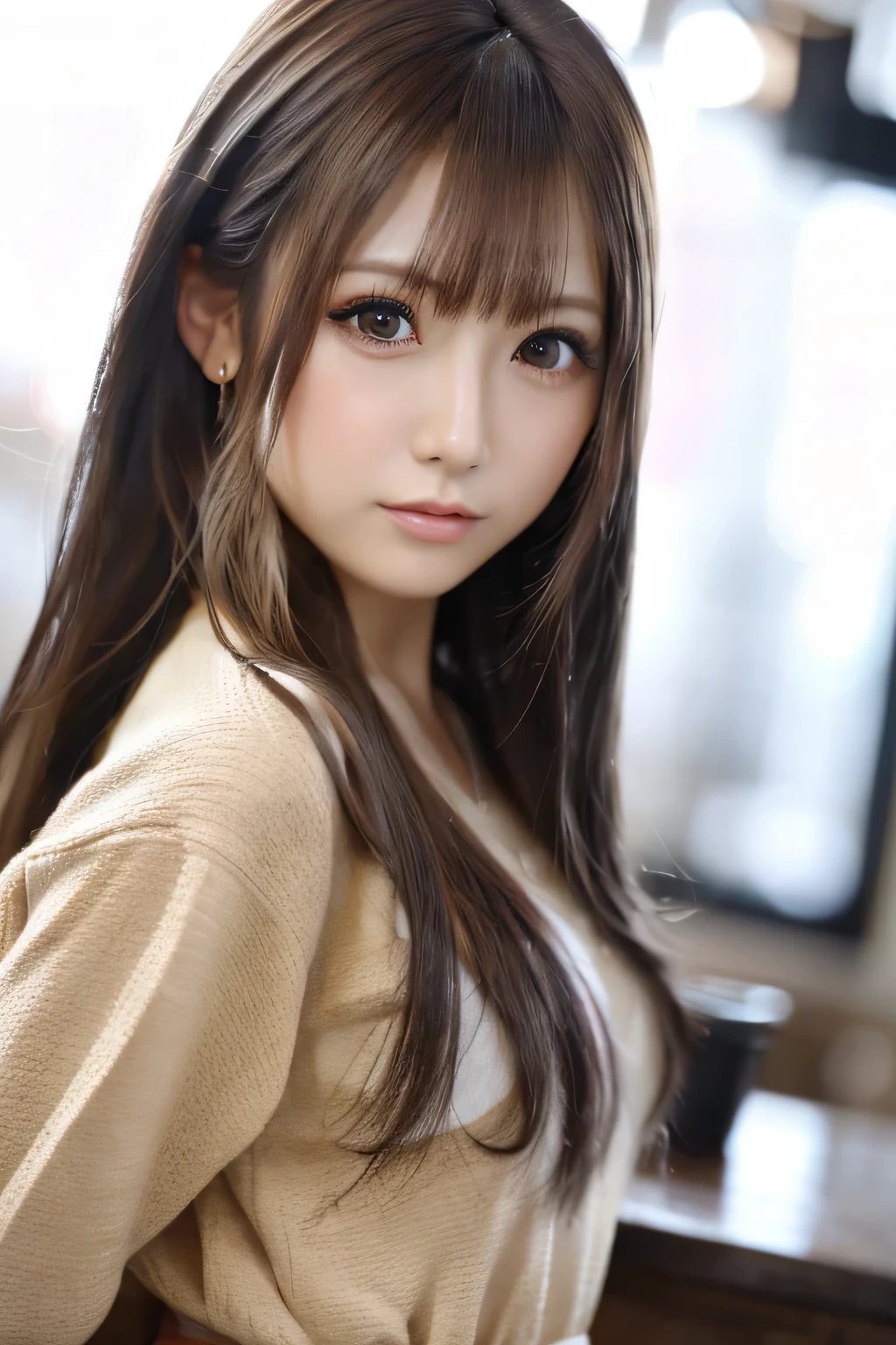 best quality, face focus, soft light, ultra high res, (photorealistic:1.4), RAW photo, 1japanese girl, solo, cute, (pupil, lights in the eyes), detailed beautiful face, (),(high resolution detail of human skin texture), (long hair), indoor, Damask Shirt Dress, (portrait),cowboy shot,