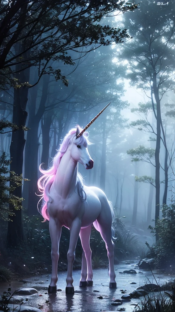A unicorn stands in the misty Hogwarts forest at night,Photorealistic, precise and high quality,霧で白く覆われている
