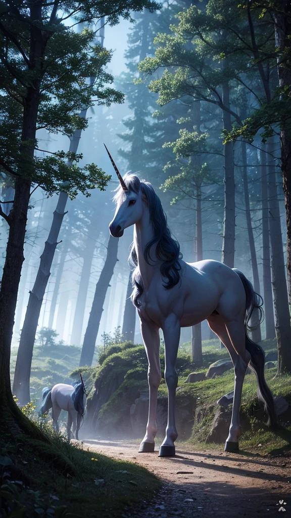A unicorn stands in the misty Hogwarts forest at night,Photorealistic, precise and high quality,霧で白く覆われている