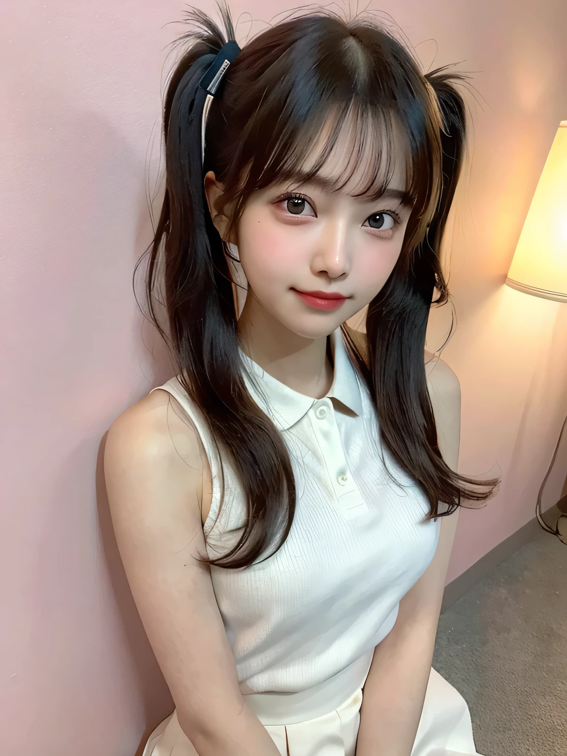 One person、17 years old、Full body photo,slender、woman、White drool coming out of the mouth、smile、、Short Twin Tails、 Fair skin, messy hair, super cute、Soft and Face、8K resolution、Surreal、Ultra high definition、 A-cup small breasts((Highest resolution、8K、masterpiece:1.3))、Ultra-fine face、Ultra Fine Lips、Beautiful Eyes、double eyelid,Pink wall、Sleeveless green polo shirt、White Skirt、Thighs、thin,Thighsが見える、Shapely small breasts、sexy、So cute!