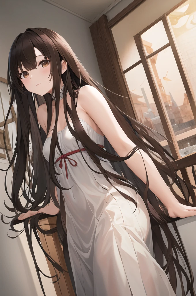 Brown Hair,Shortcuts,Messy Hair,Slender beauty,A dignified posture,Small chest,Beautiful feet,Her captivating grey-blue eyes shine like stars,,、1 person、Black Hair、Iris、Hair length、Laughter、After the bath、pajamas、hair dryer、Vanity top、Speculum