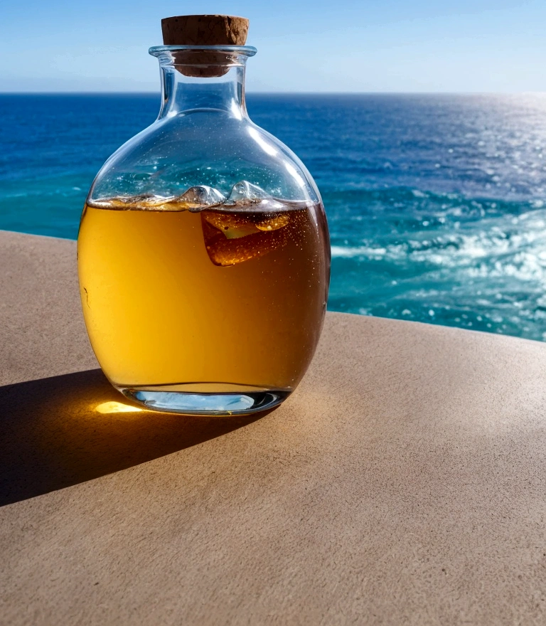 4K　A complex ocean trapped in a bottle　On the cafe table　Vibrant colors　A magnificent composition　Sharp focus