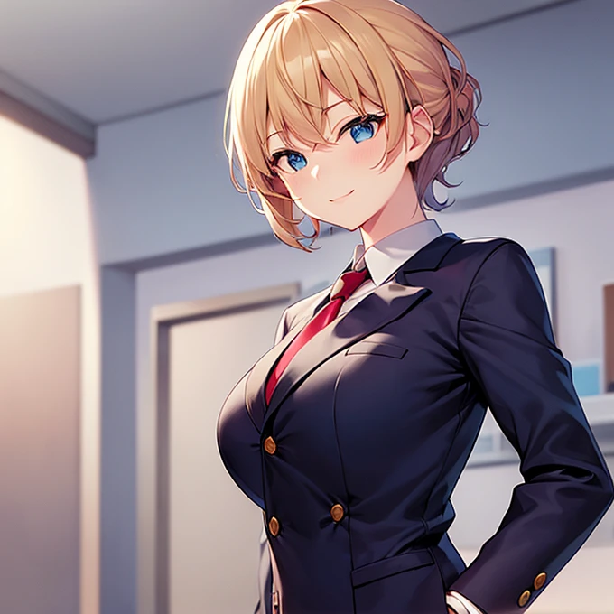 solo、Huge breasts、Blonde、Very short hair、blue eyes、Narrow waist、student、Navy blue blazer、slacks、necktie、Tall、Red cheeks、Perm、A confident smile、hand on hip