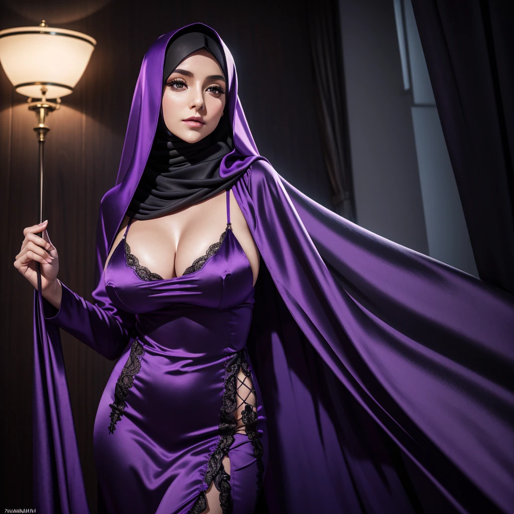 RAW-фото 24-летней девушки в никаб Satin abaya sexy purple, Satin, portrait of a person wearing hijab,, 8k contract, SLR camera, soft lighting, high quality, Granularity, Fujifilm XT3, covered dress, patterned dress, Giant breasts:1.5 
