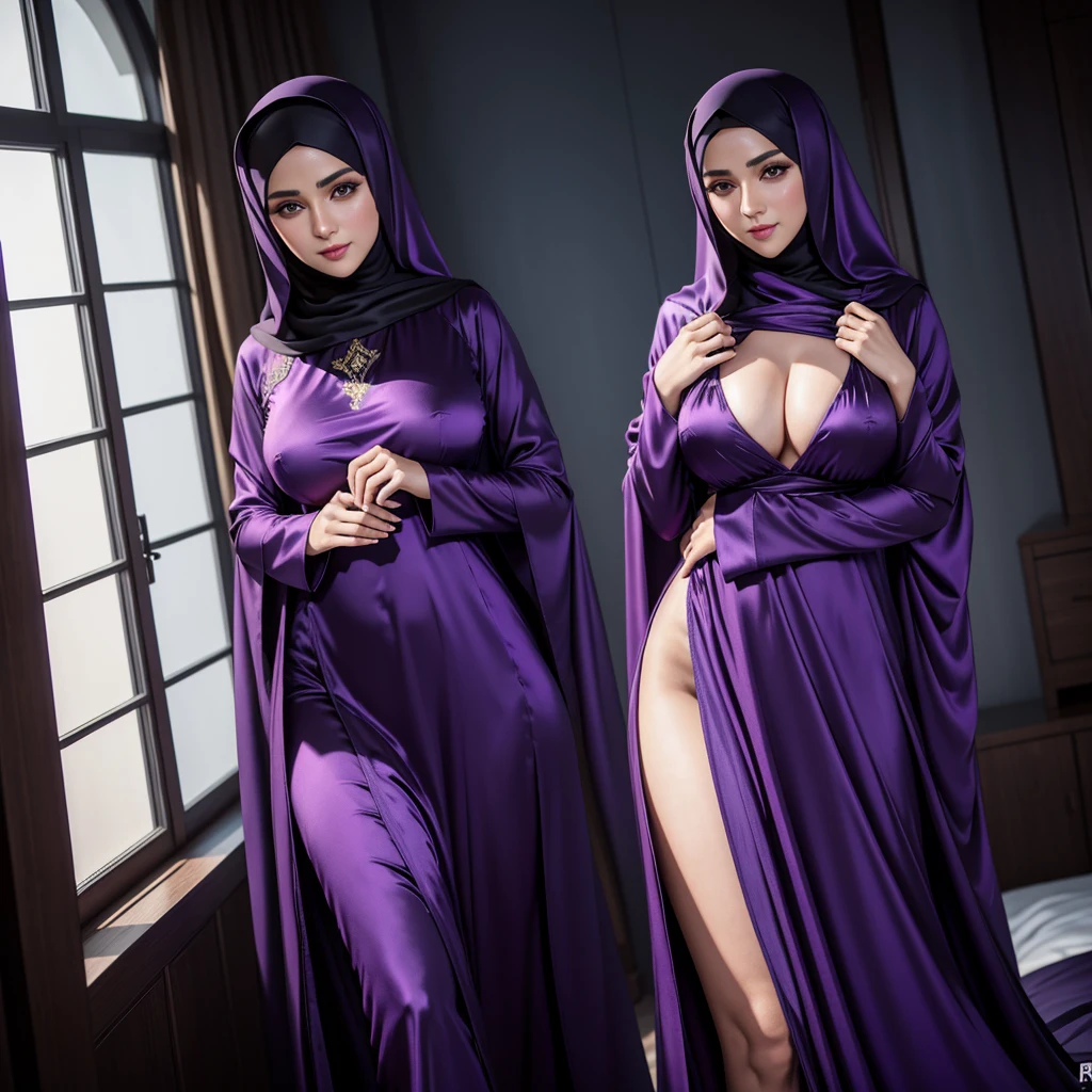 RAW-фото 24-летней девушки в никаб Satin abaya sexy purple, Satin, portrait of a person wearing hijab,, 8k contract, SLR camera, soft lighting, high quality, Granularity, Fujifilm XT3, covered dress, patterned dress, Giant breasts:1.5