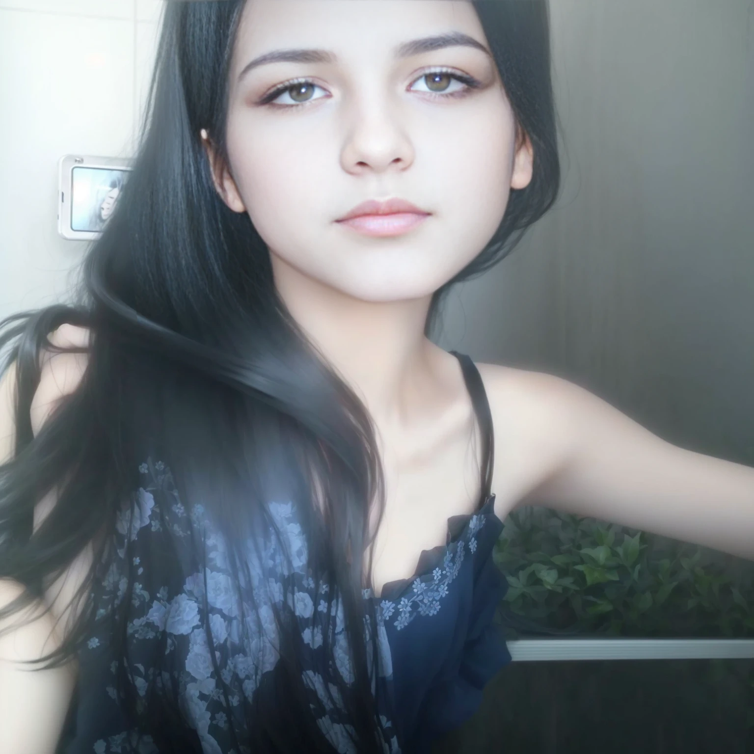 there is a woman with long black hair posing for a picture, with straight black hair, with very thin lips, 18 years old, with long hair, small breasts, selfie of a young woman, selfie photo, low quality photograph, with long black hair, she is about 1 6 , selfie, 1 6 years oldce, low quality video, with black hair