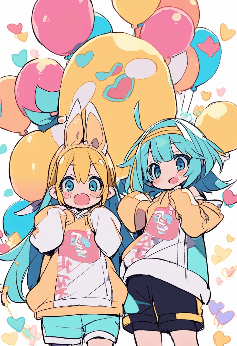 2 people、Hatsune Miku、Kagamine Rin、Miku is light blue tone、Phosphorus is yellow toned、Oversized jersey and shorts、cute、Are standing、pale、White background、