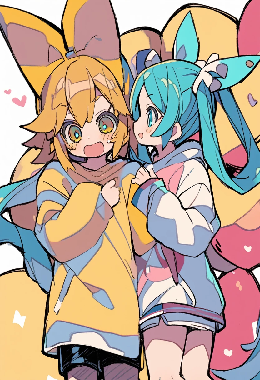 2 people、Hatsune Miku、Kagamine Rin、Miku is light blue tone、Phosphorus is yellow toned、Oversized jersey and shorts、cute、Are standing、pale、White background、