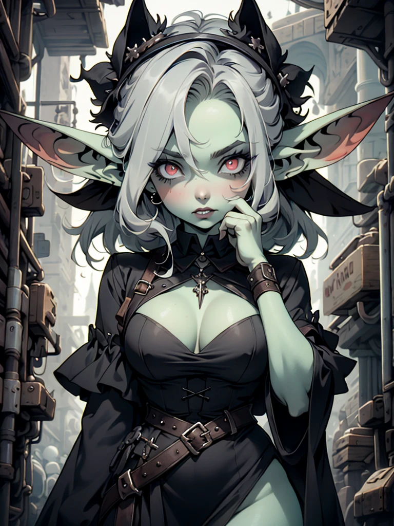 high-quality, ultra-detailed, white hair, long disheveled hair, colored skin, ((gray skin)) red eyes, glowing eyes, breasts, underground scene, large breasts, elf ears, pointed ears, blue aura, monster girl, monster girl, goth girl, goth makeup, pawg, tomboy, Dark, Ethereal, fantasy, details, style, gothic, melacholy, allusive, goblin girl, goblin girl, richly dressed, feline girl