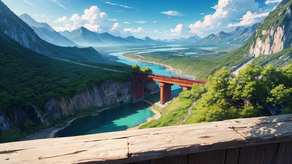 The painting depicts a traditional East Asian landscape with soaring rocky mountains studded with trees, The waterfall falls into the river flowing over the curved bridge, and many fall-colored trees at the foot of the mountain. In the sky there were two white birds flying and on the top of the mountain there was a small temple. The sky is painted gently to create the feeling of fog or clouds. The upper right corner of the picture has Chinese characters, could be the artist's signature or a poem related to the work.