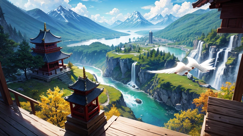 The painting depicts a traditional East Asian landscape with soaring rocky mountains studded with trees, The waterfall falls into the river flowing over the curved bridge, and many fall-colored trees at the foot of the mountain. In the sky there were two white birds flying and on the top of the mountain there was a small temple. The sky is painted gently to create the feeling of fog or clouds. The upper right corner of the picture has Chinese characters, could be the artist&#39;s signature or a poem related to the work.