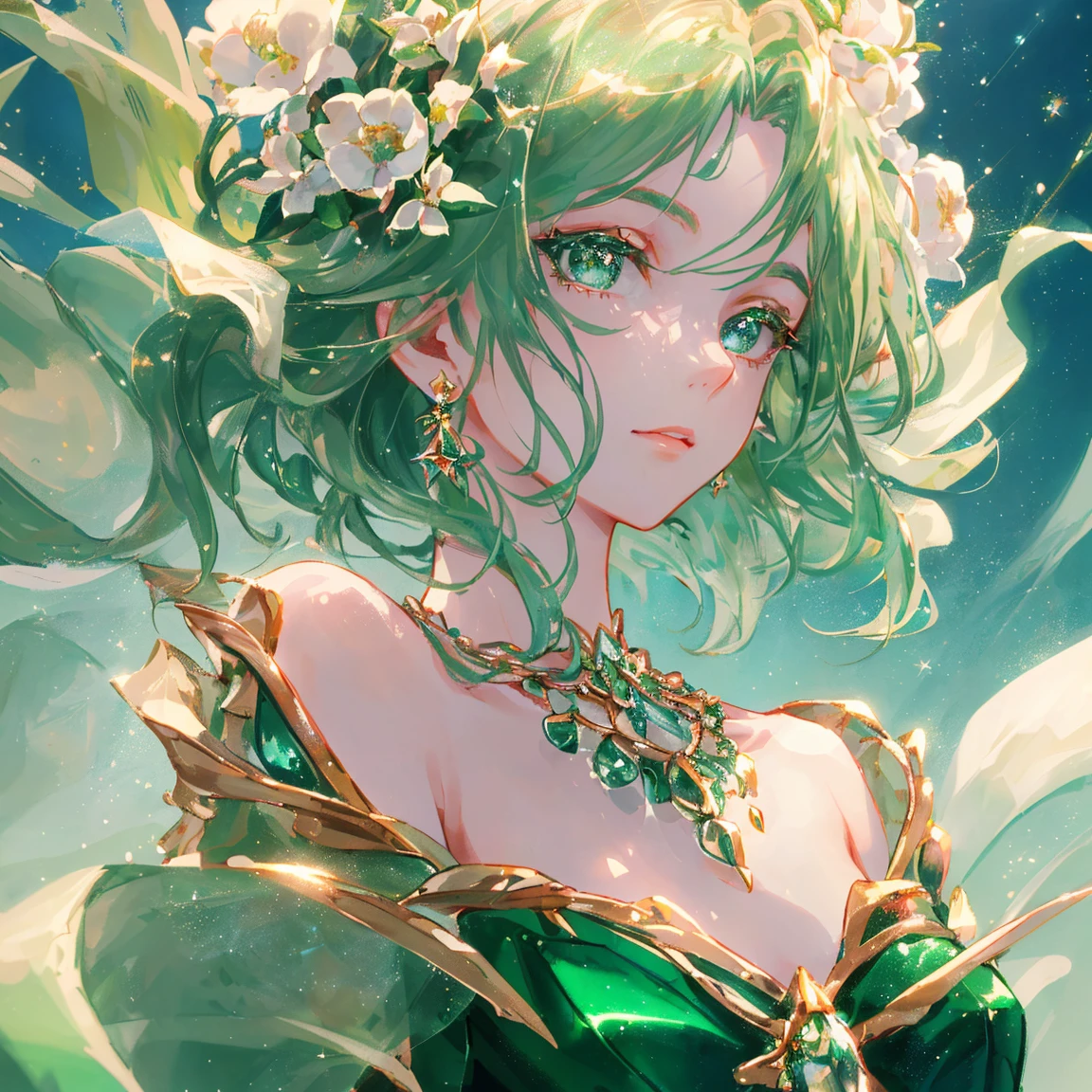 1 girl masterpiece, highest quality, shape, emerald green eyes and hair, platinum earrings, platinum necklace, Sea, The Little Mermaid, cute, (dynamic lighting:1.2), cinematic lighting, delicate features, fine eyes, sharp pupils, realistic student, written boundary depth, Bokeh, sharp focus, (very detailed, bloom, shine:1.4), lots of little gems 