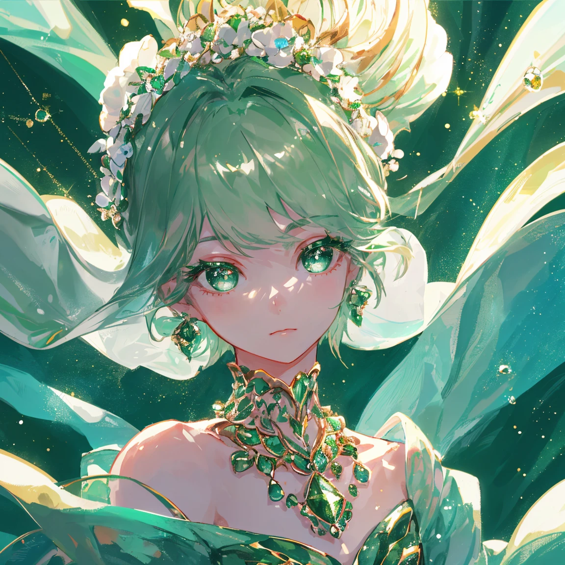1 girl masterpiece, highest quality, shape, emerald green eyes and hair, platinum earrings, platinum necklace, Sea, The Little Mermaid, cute, (dynamic lighting:1.2), cinematic lighting, delicate features, fine eyes, sharp pupils, realistic student, written boundary depth, Bokeh, sharp focus, (very detailed, bloom, shine:1.4), lots of little gems 