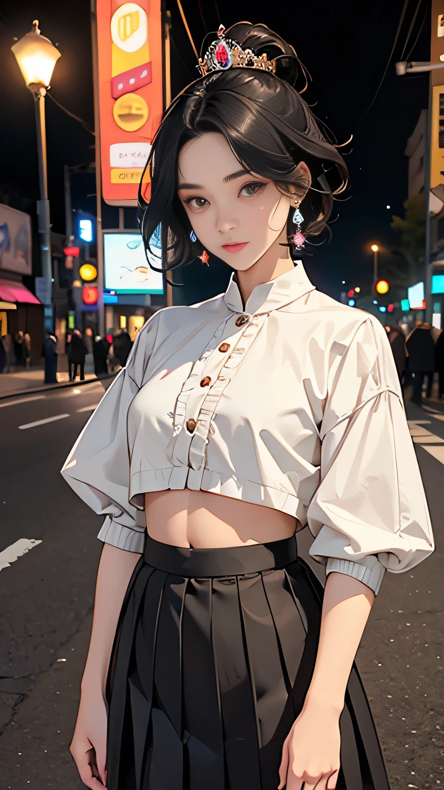 Cute young woman, Short black hair, Brown eyes, Queen,pleated skirt suit,Street lamp,neon,Busy street background,(belly button:1.1,Princess Eyes), noble, Royalty, high quality, masterpiece, Very detailed