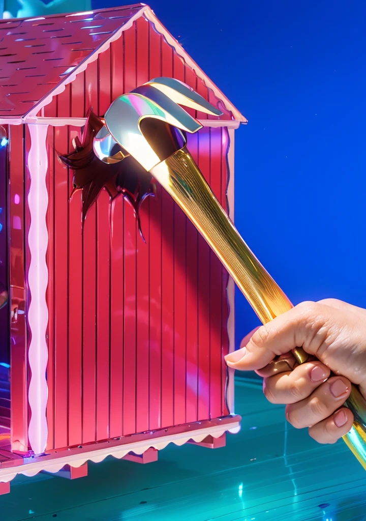 3d style, simplified design, 3d render, glossy texture, smooth 3d model, multiple light sources, rim light, sharp post effects render, (glossy plastic texture with multiple big light probe refractions), perfect cgi, smooth silhouette, high intensity refraction, (super glossy material), most beautiful vfx , blue background, plastic refractions, realistic, 4k, high resolution, rim light, photo shoot, commercial photo, profile shot, 4k, rim light, high resolution, 4k, glossy texture, smooth 3d model, multiple light sources, rim light, sharp post effects render, (glossy metallic texture with multiple big light probe refractions), perfect cgi, cgi art created only with gradients, smooth silhouette, high intensity refraction, (super glossy chrome material), most beautiful vfx, blue background, chrome metal refractions, multiple light sources, rim light, sharp post effects render, perfect cgi, digital art, detailed digital art, reflective, best quality, 4k, masterpiece:1.2, ultra-detailed, realistic, vivid colors, dark and moody lighting, The image of the highest quality, ensuring every detail is showcased perfectly. It in 4k resolution, allowing viewers to immerse themselves in the richness of the colors and intricate details. The realistic rendering. under the spotlight, reflecting, high-resolution image, realistic rendering, dark background, and rim light photorealistic The image features three characters standing in front of three houses. The characters are a red-haired mermaid, a purple cat, and an orange dog. They are each holding a yellow maraca