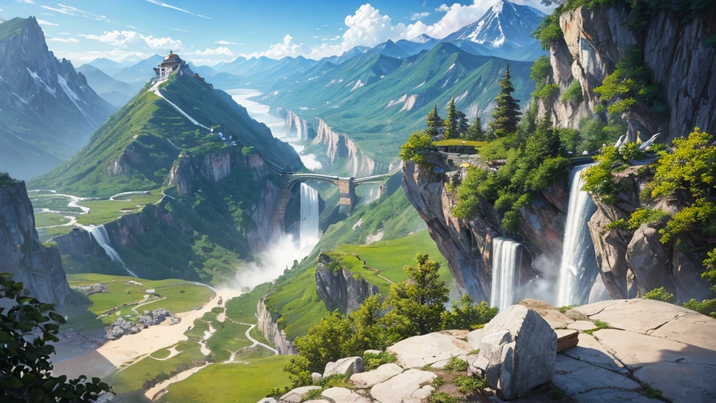 The painting depicts a traditional East Asian landscape with soaring rocky mountains studded with trees, The waterfall falls into the river flowing over the curved bridge, and many fall-colored trees at the foot of the mountain. In the sky there were two white birds flying and on the top of the mountain there was a small temple. The sky is painted gently to create the feeling of fog or clouds. The upper right corner of the picture has Chinese characters, could be the artist's signature or a poem related to the work.