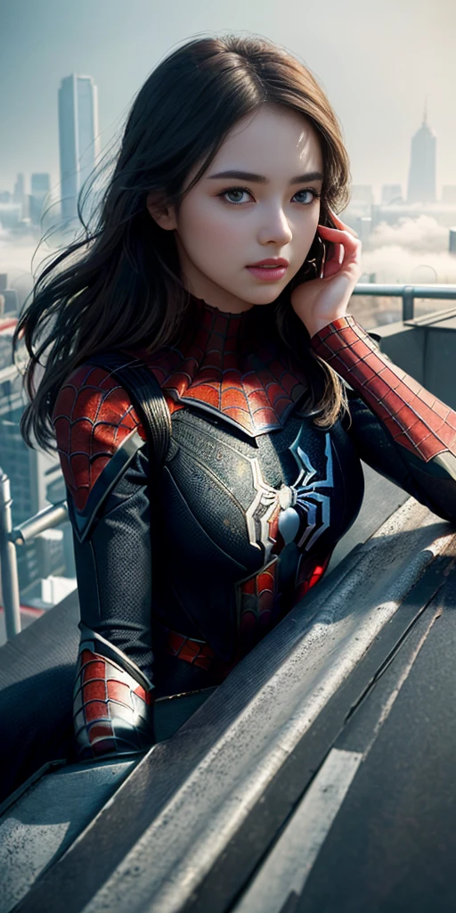 (1girl:1.3), Solo, (((Very detailed face)))), ((Very detailed eyes and face)))), Beautiful detail eyes, Body parts__, Official art, Unified 8k wallpaper, Super detailed, beautiful and beautiful, beautiful, masterpiece, best quality, original, masterpiece, super fine photo, best quality, super high resolution, realistic realism, sunlight, full body portrait, amazing beauty, dynamic pose, delicate face, vibrant eyes, (from the front), She wears Spider-Man suit, red and black color scheme, spider, very detailed city roof background, rooftop, overlooking the city, detailed face, detailed complex busy background, messy, gorgeous, milky white, highly detailed skin, realistic skin details, visible pores, clear focus, volumetric fog, 8k uhd, DSLR, high quality, film grain, fair skin, photo realism, lomography, futuristic dystopian megalopolis, translucent