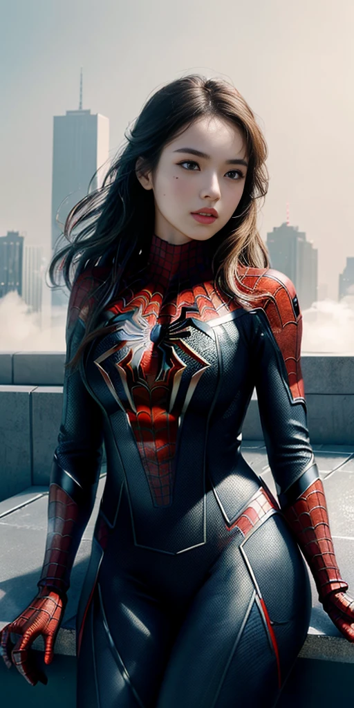 (1girl:1.3), Solo, (((Very detailed face)))), ((Very detailed eyes and face)))), Beautiful detail eyes, Body parts__, Official art, Unified 8k wallpaper, Super detailed, beautiful and beautiful, beautiful, masterpiece, best quality, original, masterpiece, super fine photo, best quality, super high resolution, realistic realism, sunlight, full body portrait, amazing beauty, dynamic pose, delicate face, vibrant eyes, (from the front), She wears Spider-Man suit, red and black color scheme, spider, very detailed city roof background, rooftop, overlooking the city, detailed face, detailed complex busy background, messy, gorgeous, milky white, highly detailed skin, realistic skin details, visible pores, clear focus, volumetric fog, 8k uhd, DSLR, high quality, film grain, fair skin, photo realism, lomography, futuristic dystopian megalopolis, translucent