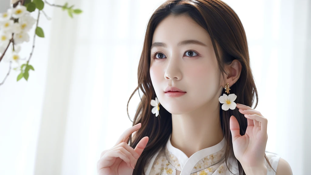 masterpiece,极其细致of CG unity 8k 壁纸,1 Girl, 美丽of, 实际of, Vague, Vague_background, Vague_prospect, Branches, 棕色of_hair, 梅flower, depth_of_site, earrings, flower, Jewelry, nose, 实际of, 独自of,Chinese clothes,Finger Hidden, Hide weapons, Only wear