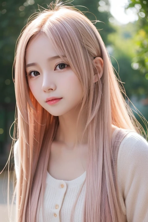 Young girl, long hair, pink beige hair color, small nose, small face, droopy eyes, large mouth, height 165cm, bust F cup, slender long legs