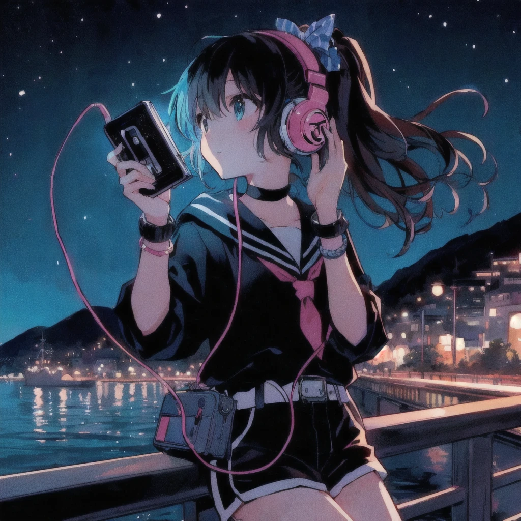 Anime girl listening to music on an old portable audio device by the water, A puzzled look,headphone,Anime atmosphere, Anime Style 4k, 80年代のAnime atmosphere, Seaside town at night,Lo-fi Girl, Nightcore, 4K Manga Wallpapers, A mix of anime style and Fujifilm, Anime Aesthetics, anime wallpaper 4k, anime wallpaper 4k, Lo-fi art style, 4k anime wallpaper, Ultra HD Anime Wallpaper