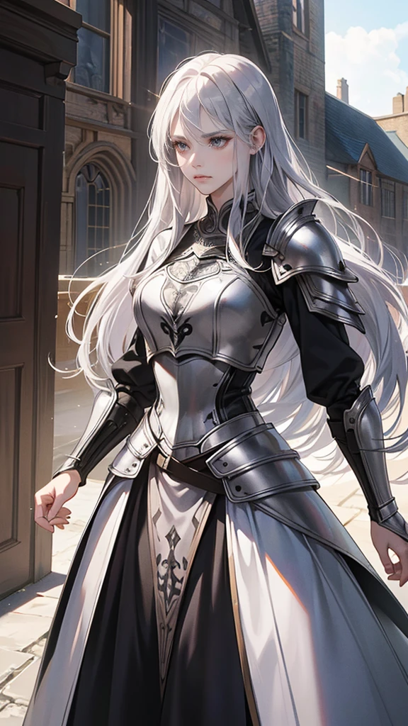 Young woman, Perfect woman body, epic character, (beautiful, Tall, elegant,long silver hair, silver eyes, Frown, silver light armor,stand in medieval town),dramatic shadow, Ray Tracing,(masterpiece, high resolution, perfect black eyes, fullshot angle, ultra - detailed:1.0)