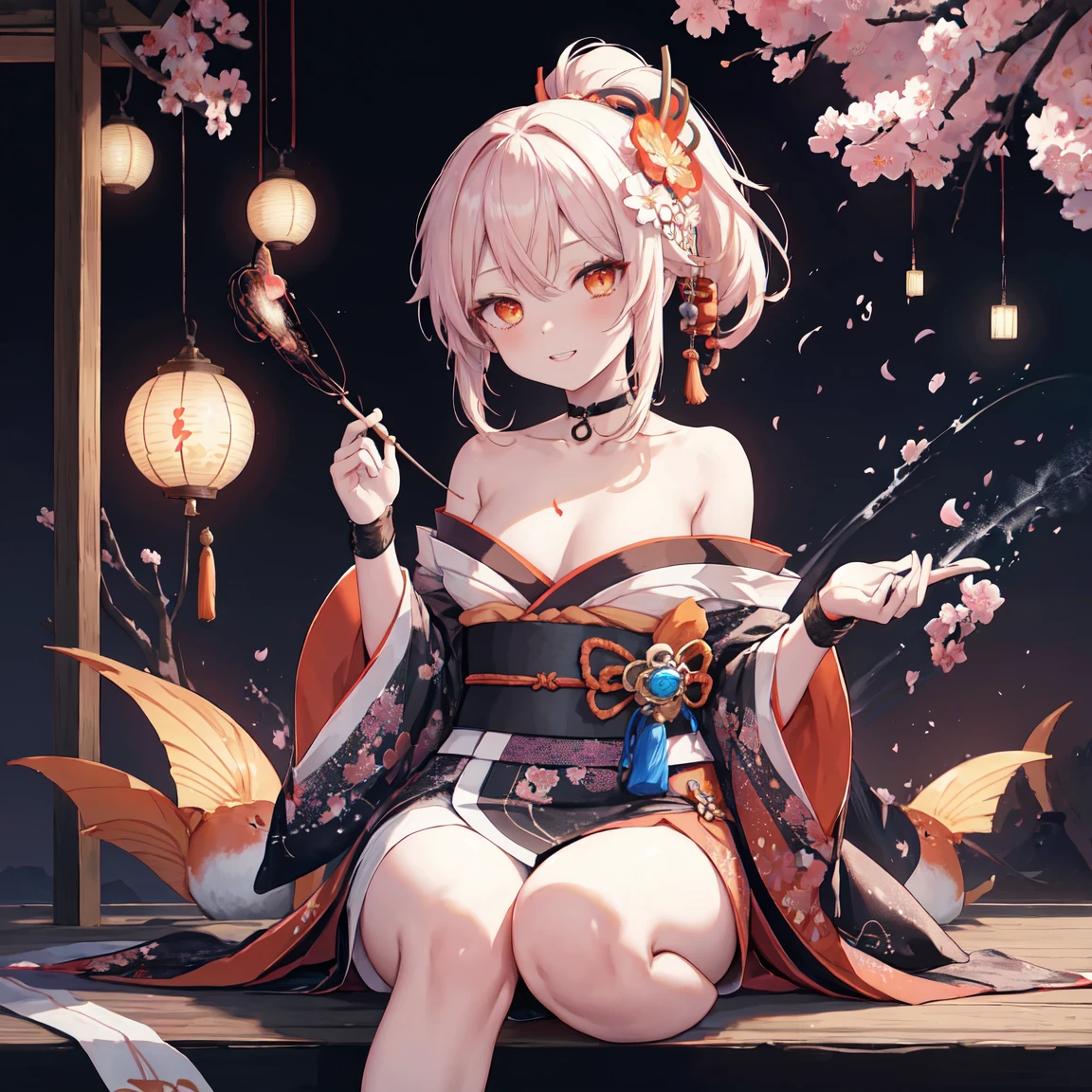 masterpiece, Highest quality, High resolution, One girl, bionde, Medium Hair, Asymmetrical Hair, Floating Hair, Hair between the eyes, High Ponytail, Side Lock, hair ornaments, fish hair ornaments, tassel, Hairpin, bangs, Orange Eyes, Open your mouth, smile, teeth, upper teeth only, choker, red choker, pendant choker, butterfly choker, clavicle, tattoo, chest tattoo, flower tattoo, Cleavage, Medium chest, Thighs, bandage, Feet wrapped in bandage, sarashi, Budget Sarashi, chest sarashi, black sash, Otherwise, houkisei, kimono, kimono, kinchaku, heart, heartage, heartjime, orange kimono, Pouch, print kimono, rope, sash, shimenawa, short kimono, One shoulder exposed, vision (Genshin Impact), East Asian architecture, cherry blossoms, whole body, squat, Incense sticks, night, firework, holding firework, Align your feet, feet, One-handed gloves, One fingerless glove, Wristband, Black socks,