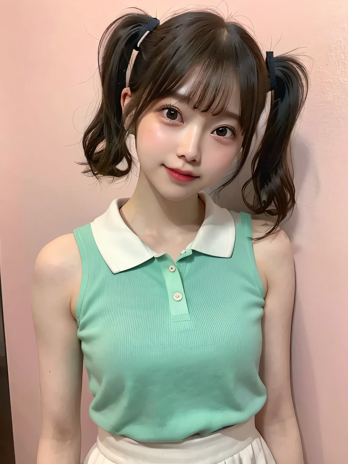 One person、17 years old、Full body photo,slender、woman、White drool coming out of the mouth、smile、、Short Twin Tails、 Fair skin, messy hair, super cute、Soft and Face、8K resolution、Surreal、Ultra high definition、 A-cup small breasts((Highest resolution、8K、masterpiece:1.3))、Ultra-fine face、Ultra Fine Lips、Beautiful Eyes、double eyelid,Pink wall、Sleeveless green polo shirt、White Skirt、Thighs、thin,Thighsが見える、Shapely small breasts、sexy、So cute!