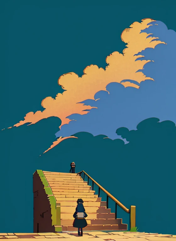 an image from a video game anime of a woman descending a staircase with a large scale image of a world below with clouds showing how far away it is and how much is in store, front cover of a new video game, madrugada, Online adventures in Isekai, Inspired by the Bronze Age, 