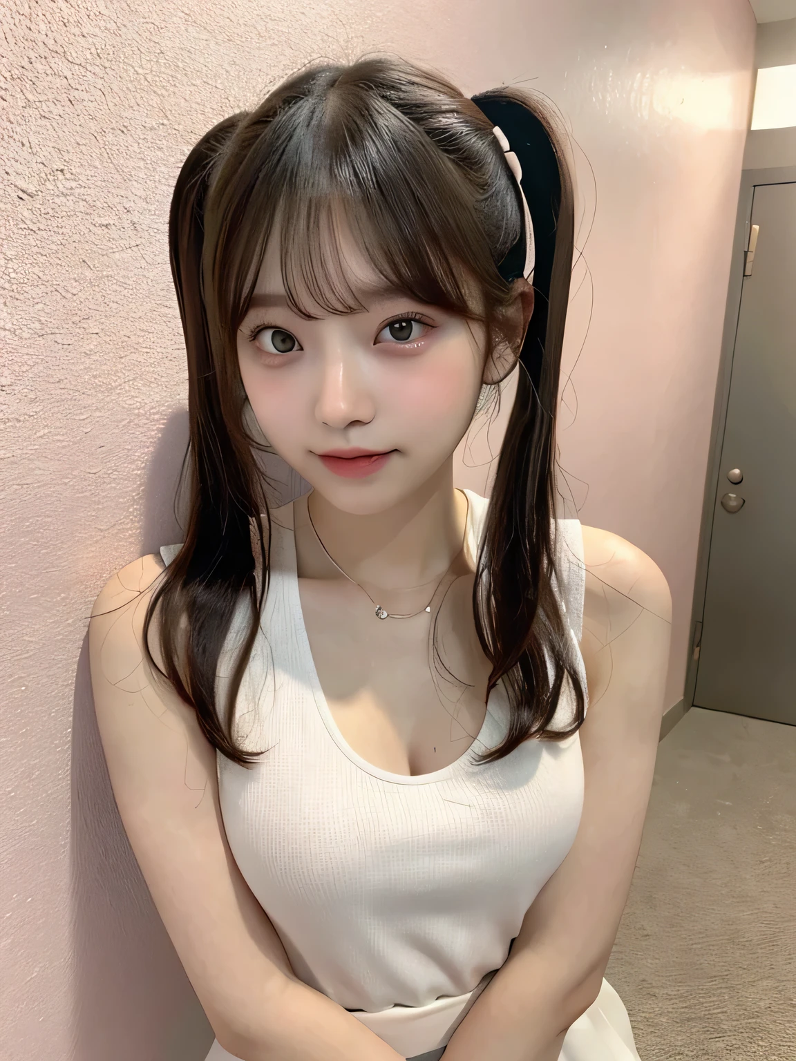 One person、、Full body photo,slender、woman、White drool coming out of the mouth、smile、、Short Twin Tails、 Fair skin, messy hair, super cute、Soft and Face、8K resolution、Surreal、Ultra high definition、 A-cup small breasts((Highest resolution、8K、masterpiece:1.3))、Ultra-fine face、Ultra Fine Lips、Beautiful Eyes、double eyelid,Pink wall、Sleeveless green polo shirt、White Skirt、Thighs、thin,Thighsが見える、Shapely small breasts、sexy、So cute!