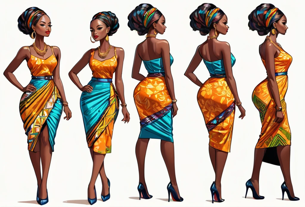 A woman standing, poses, different views point, different angle view, office wear, African (masterpiece best quality:1.2) delicate illustration ultra-detailed, (no background) illustrations, bright, colourful,