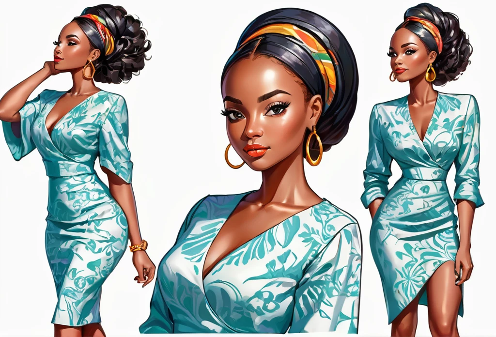 A woman standing, poses, different views point, different angle view, office wear, African (masterpiece best quality:1.2) delicate illustration ultra-detailed, (no background) illustrations, bright, colourful,