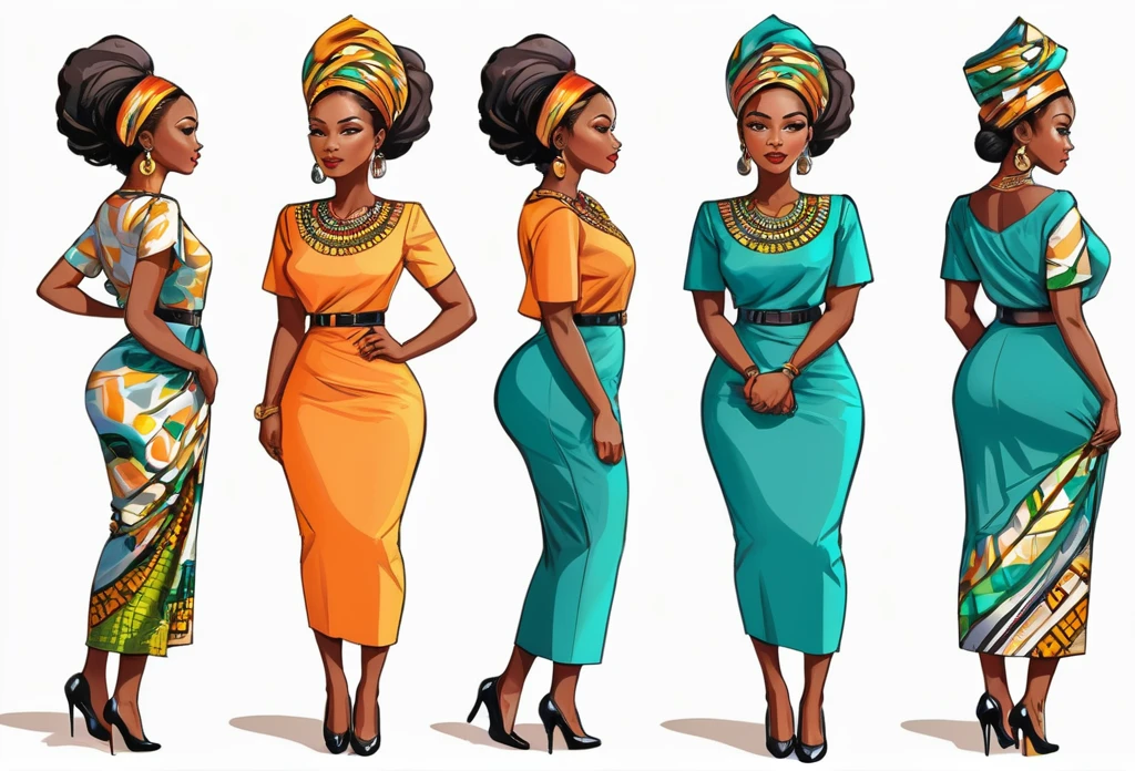 A woman standing, poses, different views point, different angle view, office wear, African (masterpiece best quality:1.2) delicate illustration ultra-detailed, (no background) illustrations, bright, colourful,