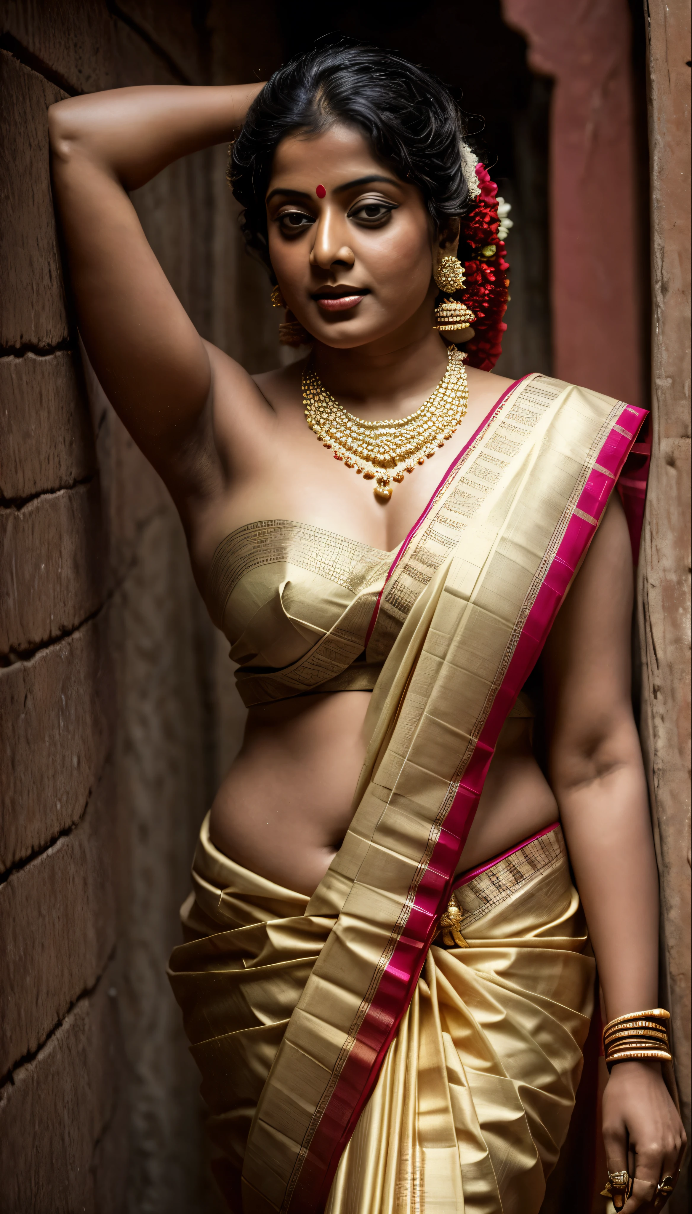 An Extremely gorgeous and beautiful Bengali village woman, 45 yo, pale white skin, sensual appealing body, perfect thick and chubby Beauty, wearing saree bare-chested, curvy, sexy navel folds, fleshy figure, Bengali village style saree, wearing a Bengali-style saree without a blouse,, ethnic vintage bengali village woman, bengali style saree, The sari was worn without a blouse and petticoat before the British Raj, baring one's chest or being blouseless, simple village ornaments, Bengalis a.k.a. Bongs are known for their unique Bengali fashion sense (the way they don that sari makes you go wow), Pre British Raj, Pre colonial era, Bengali Woman draping sari without blouse is a normal thing in pre British Era, bong woman, fine Art photography, artistic photography, sensually appealing, erotic fantasy, ethnic traditional beauty, real armpit hair, low waist saree, insane details, 