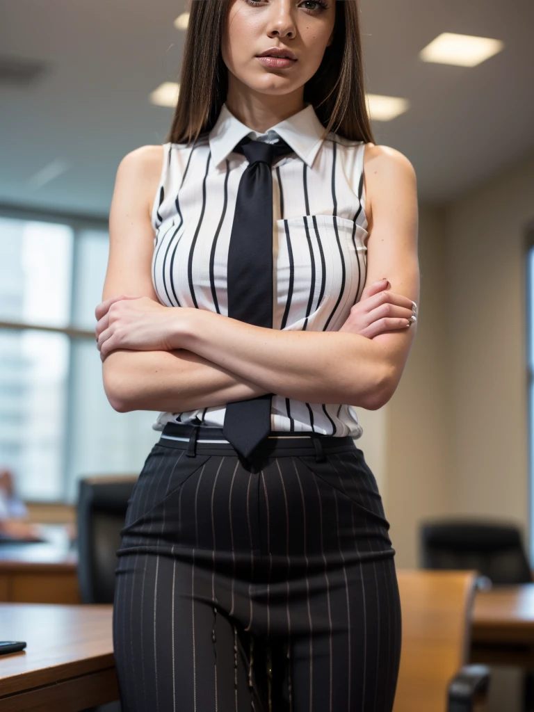 (masutepiece,High quality,16k:1.1),(depth of fields:1.3) ,((front body:1.35)), Ukrainian ,Woman, blonde,makeup,((business suit, black vertical striped pencil skirt )), voluptuous, thicc,(arms crossed:1.5) (wetting herself:1.5), (desperation:1.75),standing ,necktie peeing self, wetting her clothes