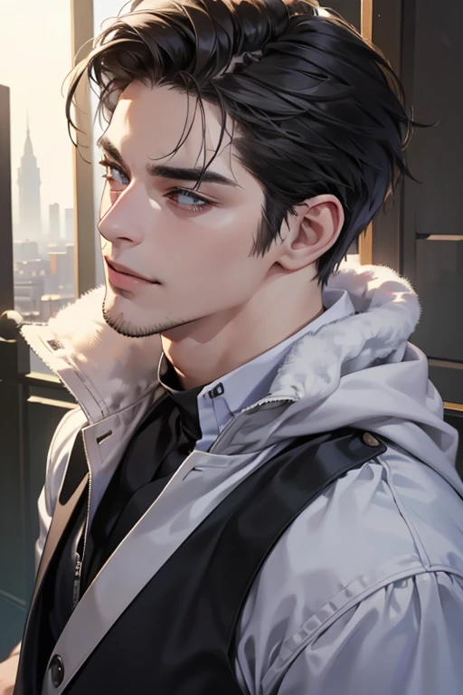 (best quality,4k,8k,highres,masterpiece:1.2),ultra-detailed,(realistic,photorealistic,photo-realistic:1.37),30 year old man,3 day beard,handsome anime,portraits,strong,masculine,dark hair,sharp jawline,mesmerizing eyes,perfectly styled hair,cool anime outfit,confident expression,vibrant colors,dynamic lighting, CEO and expression smile in love.