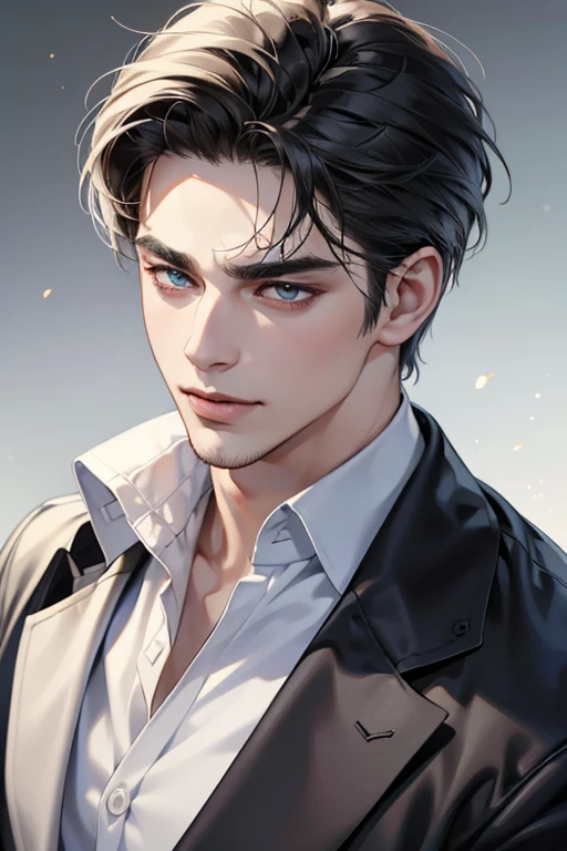 (best quality,4k,8k,highres,masterpiece:1.2),ultra-detailed,(realistic,photorealistic,photo-realistic:1.37),30 year old man,3 day beard,handsome anime,portraits,strong,masculine,dark hair,sharp jawline,mesmerizing eyes,perfectly styled hair,cool anime outfit,confident expression,vibrant colors,dynamic lighting, CEO and expression smile in love.