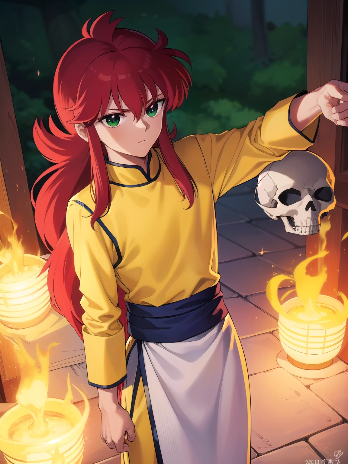 kurama, kurama, long hair, red hair, bangs, (green eyes:1.5), (retro artstyle:1.5), 1990s \(style\),
BREAK long sleeves, pants, chinese clothes, white pants, (yellow shirt:1.5), (white sleeves:1.5), (pelvic curtain:1.2), sash, sleeveless shirt, (((skull back ground)))
BREAK looking at viewer, cowboy shot,
BREAK (masterpiece:1.2), best quality, high resolution, unity 8k wallpaper, (illustration:0.8), (beautiful detailed eyes:1.6), extremely detailed face, perfect lighting, extremely detailed CG, (perfect hands, perfect anatomy),