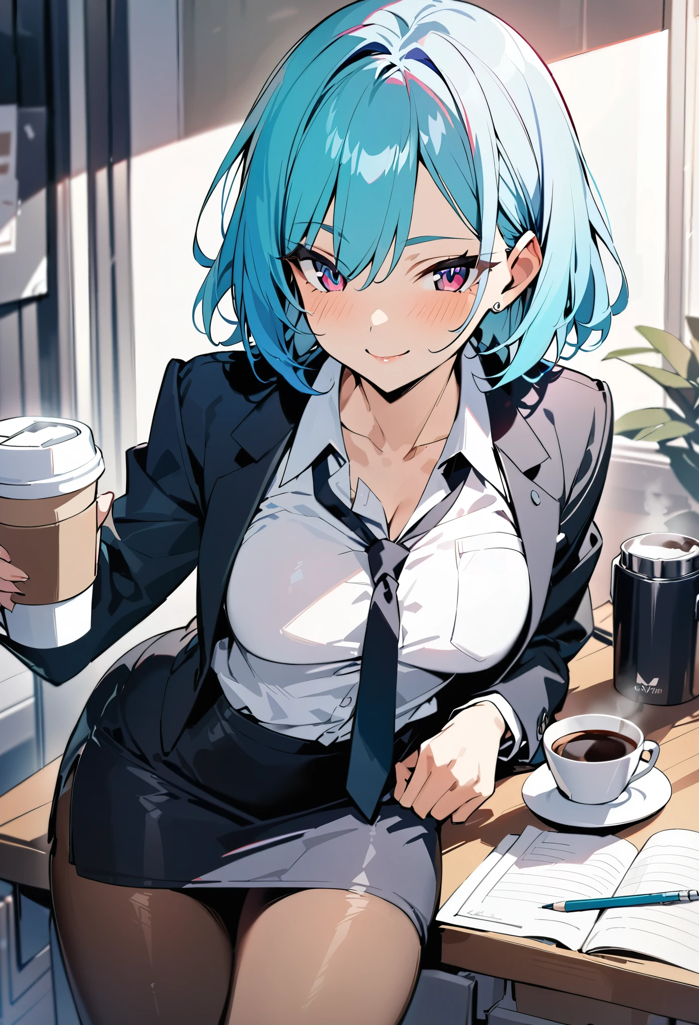 score_9, score_8_up, score_7_up, (high res, best quality, masterpiece), 1woman, female focus, cyan hair, beautiful ruby eyes, short hair, pony tail, slightly open white collared shirt, suit, loose tie, pencil skirt, pantyhose, small smile, relaxed, coffee, (90s anime style)