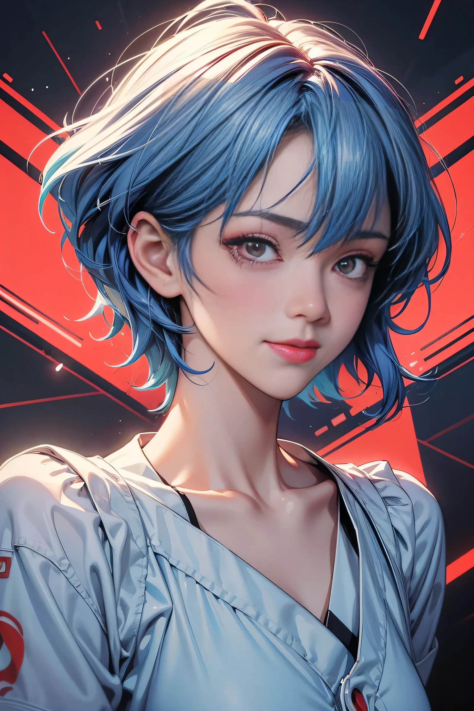 A masterpiece portrait of smiling Rei Ayanami (Evangelion), Evangelion (Hideaki), Caustics, High resolution illustrations, Red eyes, feminine, No students, Blue Hair, short hair, Japanese , loafers, Spank, Synthwave, paint Splashs, Shaded flat illustration, Digital Art, Trending on Art Station, Very detailed, The finer details, Complex, Splash, Overtake, Vaporware, Neon color