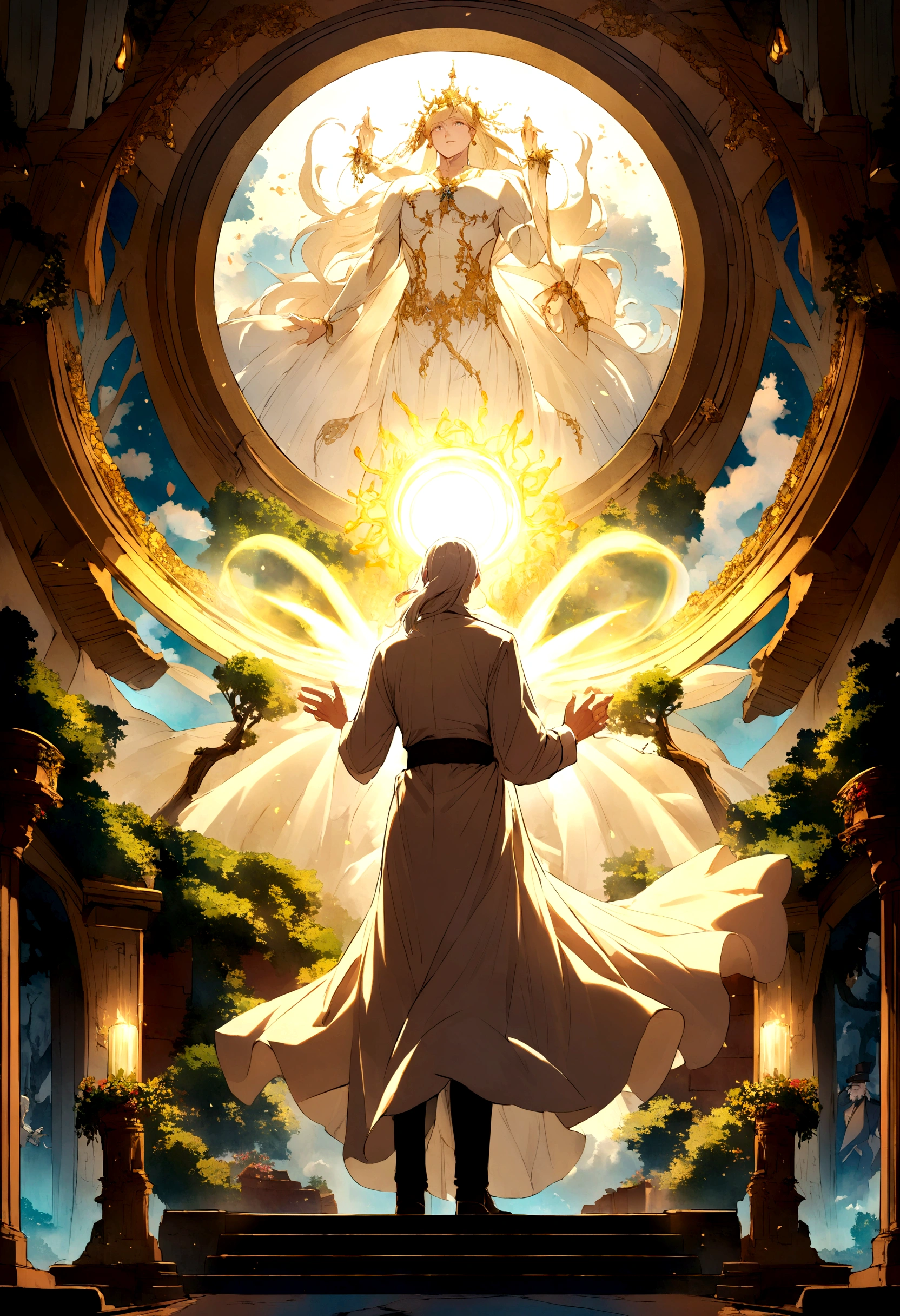 create an anime scene where charles DARWIN is being sucked into a magical portal