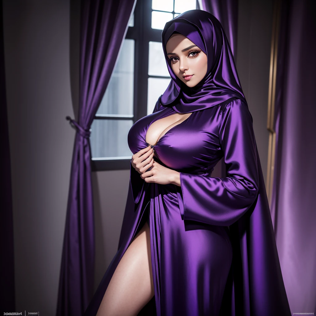 RAW-фото 24-летней девушки в никаб Satin abaya sexy purple, Satin, portrait of a person wearing hijab,, 8k contract, SLR camera, soft lighting, high quality, Granularity, Fujifilm XT3, covered dress, patterned dress, Giant breasts:1.5 
