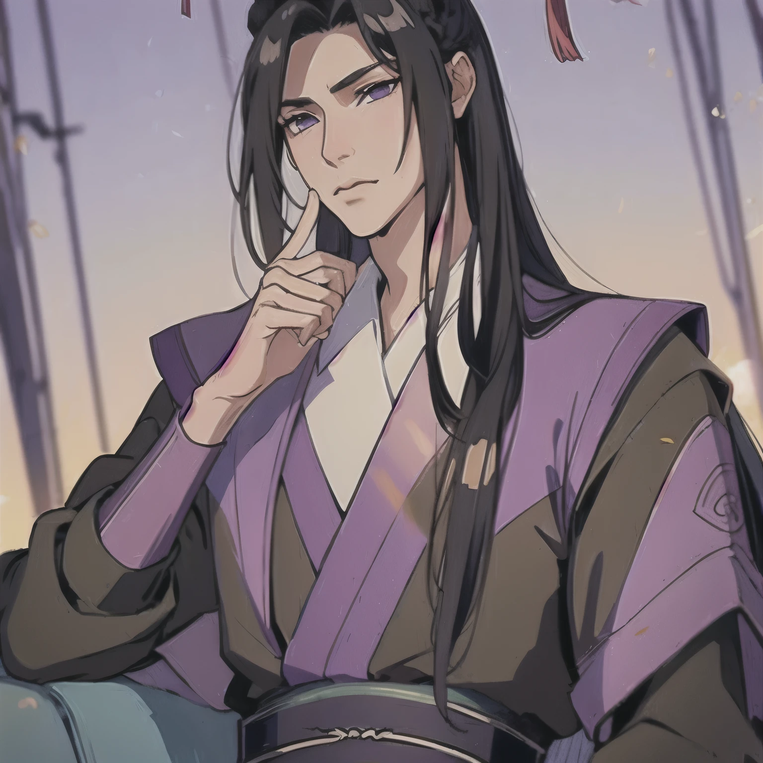 (masterpiece, best quality:1.2), 1male, solo, jiang cheng, mo dao zu shi, mdzs, purple and black clothes, purple eyes, long black hair, perfect anatomy