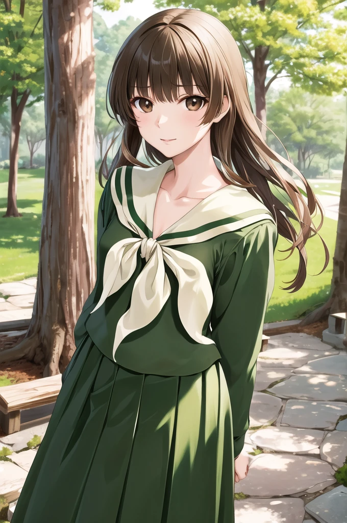 masterpiece, Highest quality, High resolution, aayoshino, Long Hair, Twin Blade, Brown eyes, Hair that falls over the shoulders, , Sailor collar, neckerchief, Green Shirt, Sailor shirt, Long sleeve, Green Skirt, Long skirt, Are standing, Cowboy Shot, Outdoor,