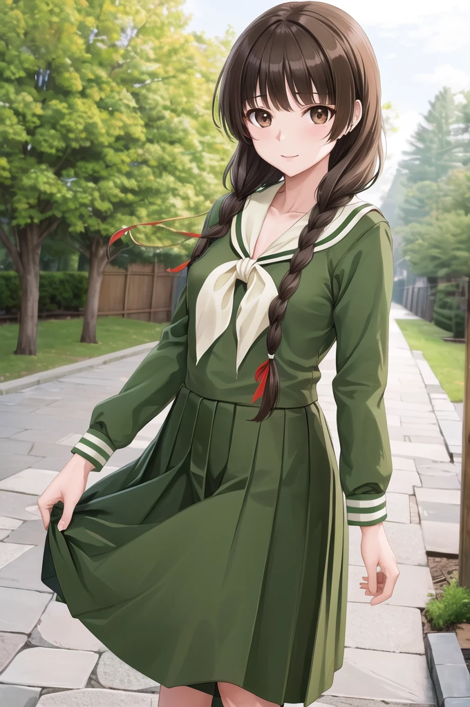 masterpiece, Highest quality, High resolution, aayoshino, Long Hair, Twin Blade, Brown eyes, Hair that falls over the shoulders, , Sailor collar, neckerchief, Green Shirt, Sailor shirt, Long sleeve, Green Skirt, Long skirt, Are standing, Cowboy Shot, Outdoor,