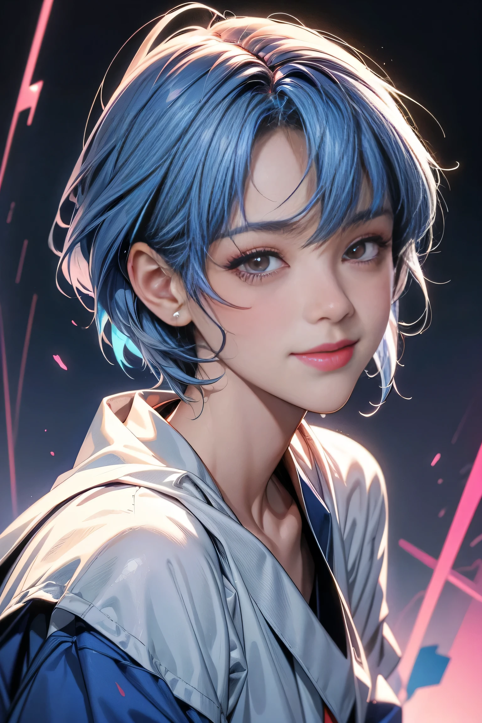 A masterpiece portrait of smiling Rei Ayanami (Evangelion), Evangelion (Hideaki), Caustics, High resolution illustrations, Red eyes, feminine, No students, Blue Hair, short hair, Japanese , loafers, Spank, Synthwave, paint Splashs, Shaded flat illustration, Digital Art, Trending on Art Station, Very detailed, The finer details, Complex, Splash, Overtake, Vaporware, Neon color