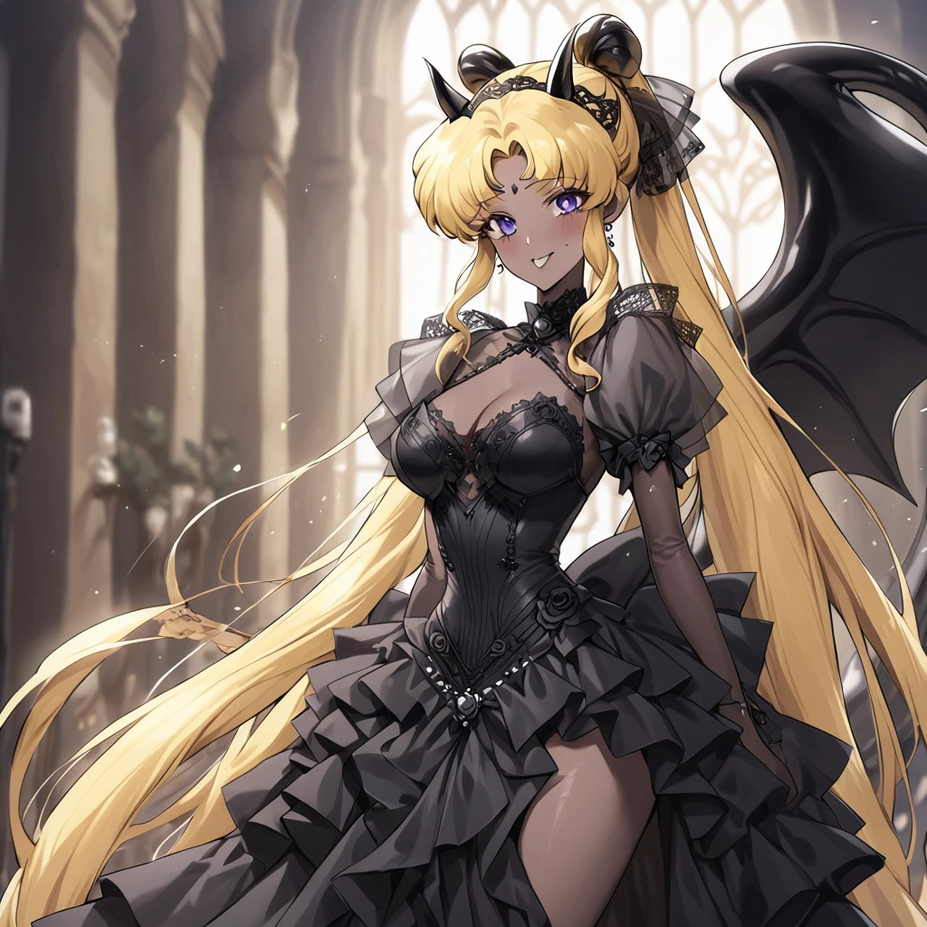((Highest quality)), ((masterpiece)), (detailed), (Perfect Face)、She is Princess Serenityで女は漆黒の肌のセクシーな女悪魔のプリンセスセレニティ、The woman is a jet-black female demon with magnificent devil horns, jet-black devil wings, and a jet-black tail. Her skin is jet-black, and she is a devil bride wearing a luxurious black gothic Victorian wedding dress and a black wedding veil. She is the jet-black demon Princess Serenity, and has blonde hair with a happy expression as she looks at the camera.2The expression of a girl in love with her long hair tied up、She is Princess Serenity