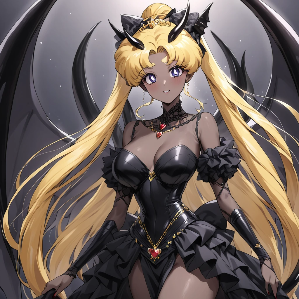 ((Highest quality)), ((masterpiece)), (detailed), (Perfect Face)、She is Princess Serenityで女は漆黒の肌のセクシーな女悪魔のプリンセスセレニティ、The woman is a jet-black female demon with magnificent devil horns, jet-black devil wings, and a jet-black tail. Her skin is jet-black, and she is a devil bride wearing a luxurious black gothic Victorian wedding dress and a black wedding veil. She is the jet-black demon Princess Serenity, and has blonde hair with a happy expression as she looks at the camera.2The expression of a girl in love with her long hair tied up、She is Princess Serenity