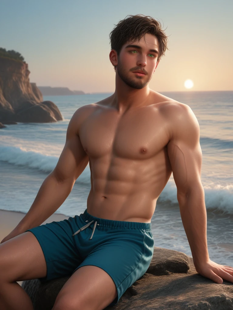 score_9, score_8_up, realistic, A seductive man, with black skin, a beard, green eyes and short hair, sitting on a rock at the edge of the beach at dusk. He's shirtless and wearing blue shorts, with the gentle wind blowing his hair. The sun sets in the background, creating a romantic and serene setting