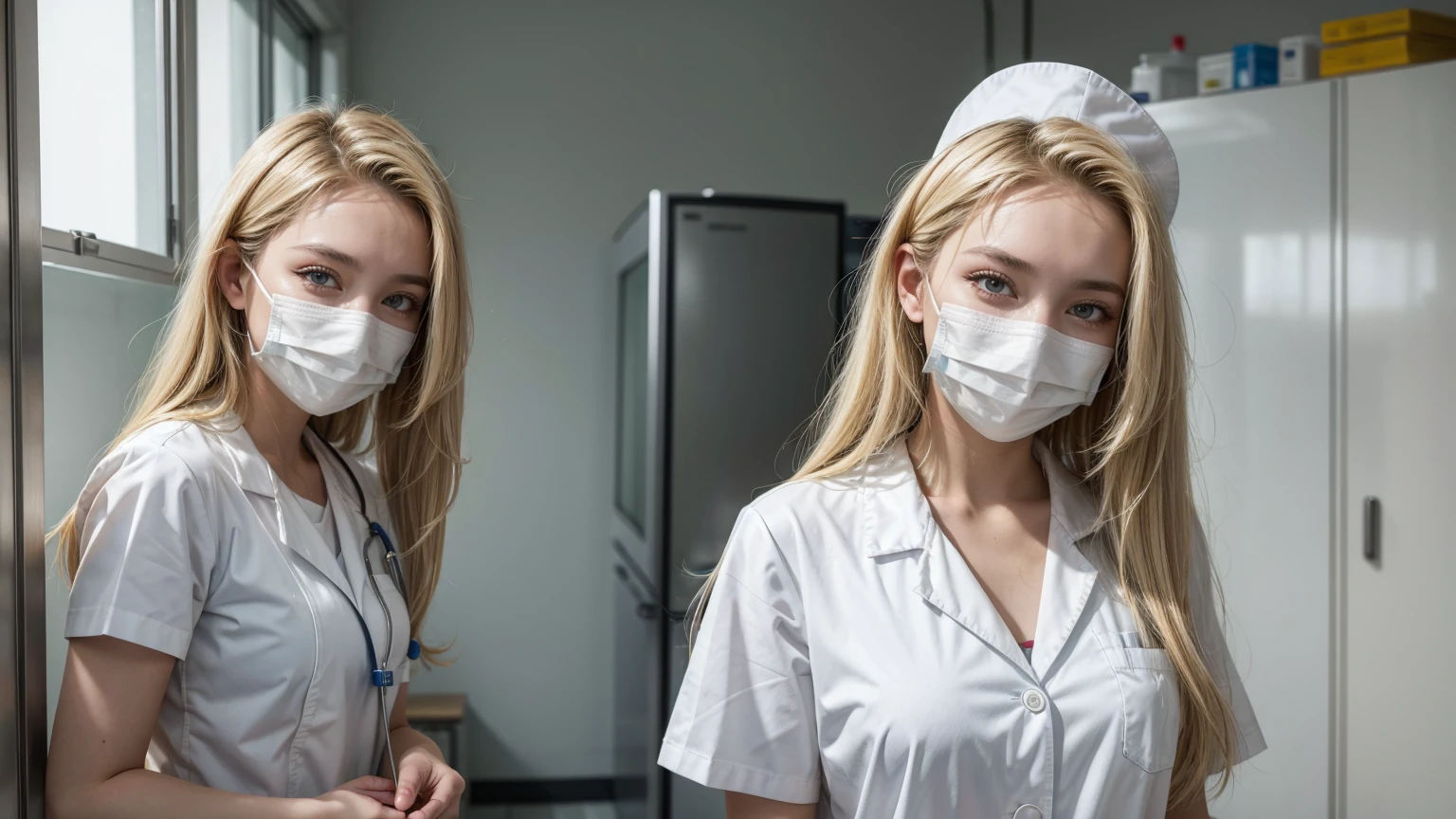 18 year old hot blonde girl with medical mask in white nurse clothing, medical cabinet, holding a dirty jar